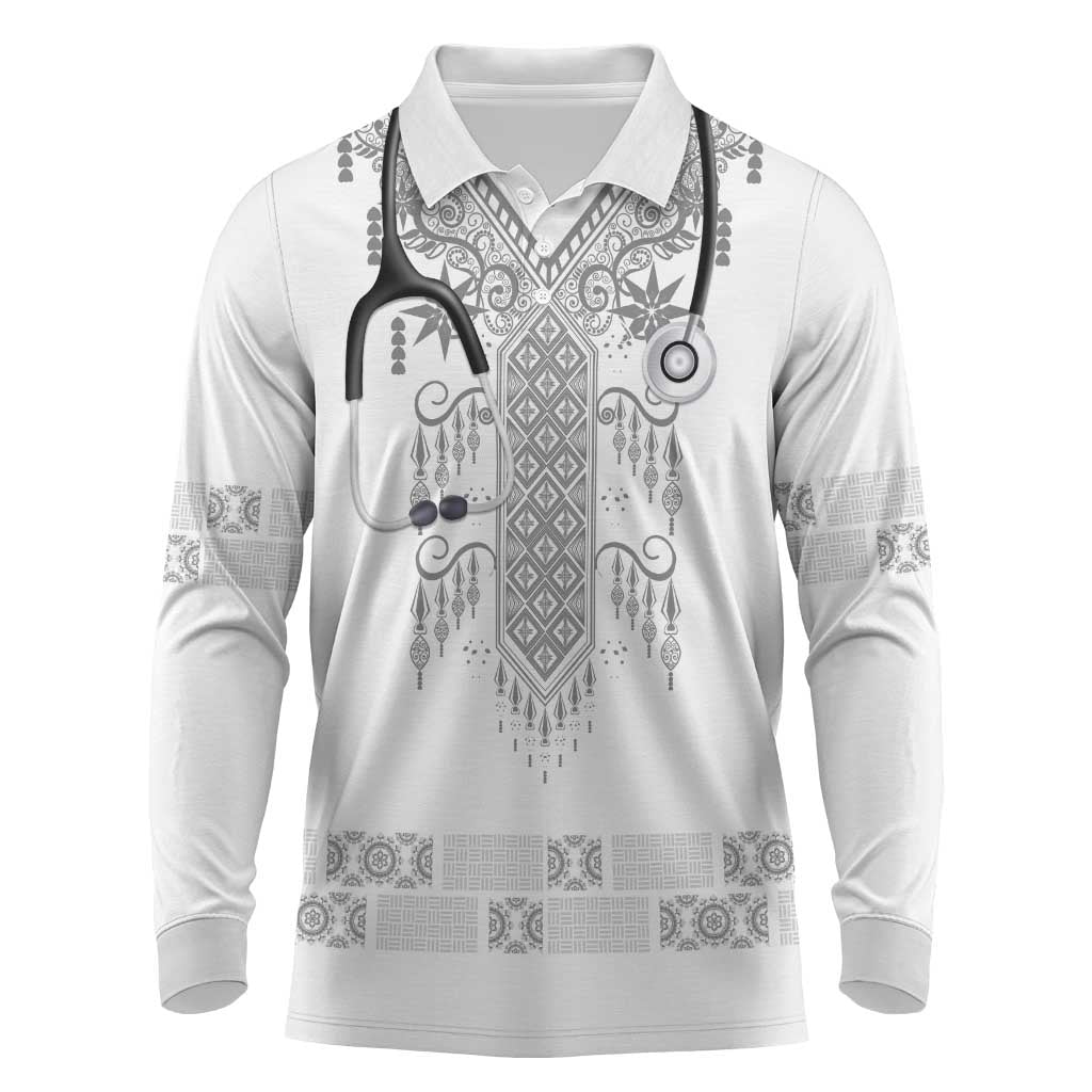 Proud Black Nurse RN Long Sleeve Polo Shirt White African Pattern Stethoscope Dashiki Motif