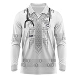 Proud Black Nurse RN Long Sleeve Polo Shirt White African Pattern Stethoscope Dashiki Motif