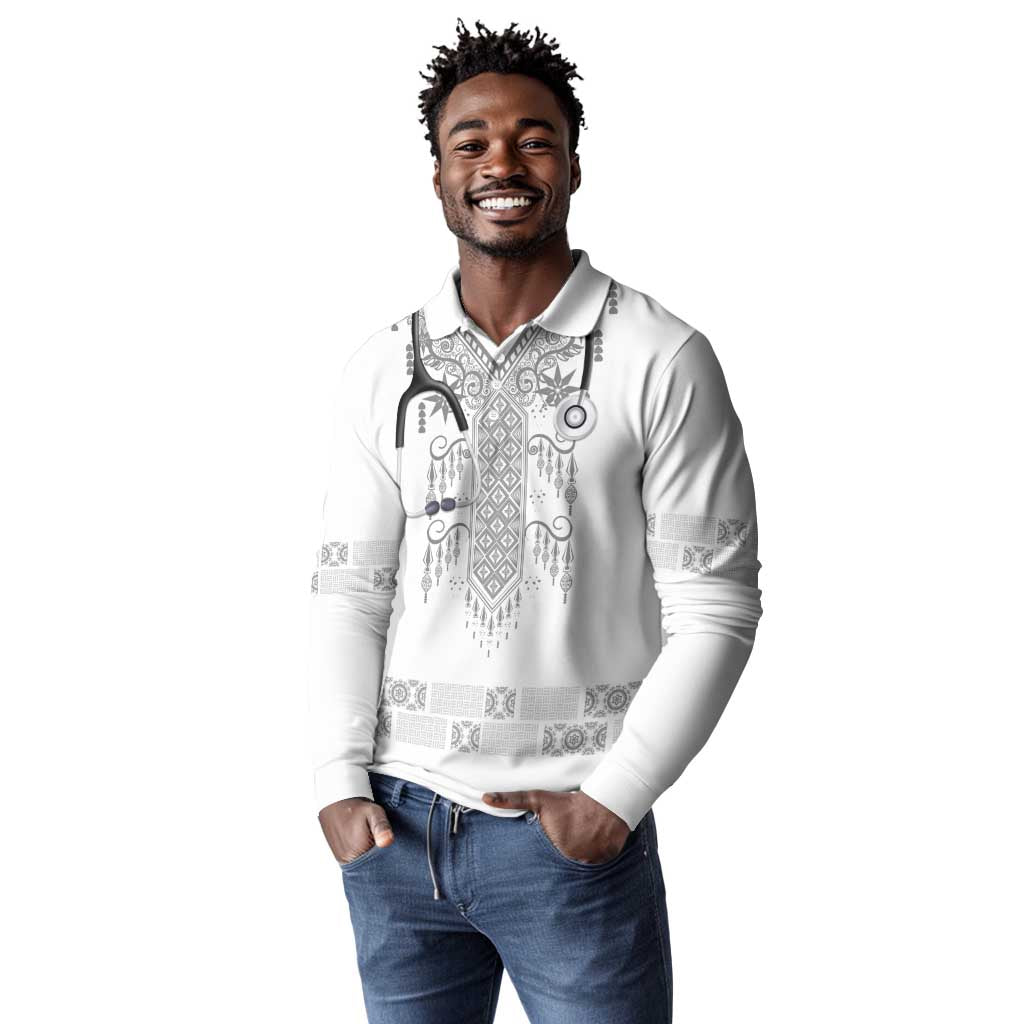 Proud Black Nurse RN Long Sleeve Polo Shirt White African Pattern Stethoscope Dashiki Motif