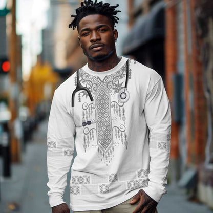 Proud Black Nurse RN Long Sleeve Shirt White African Pattern Stethoscope Dashiki Motif