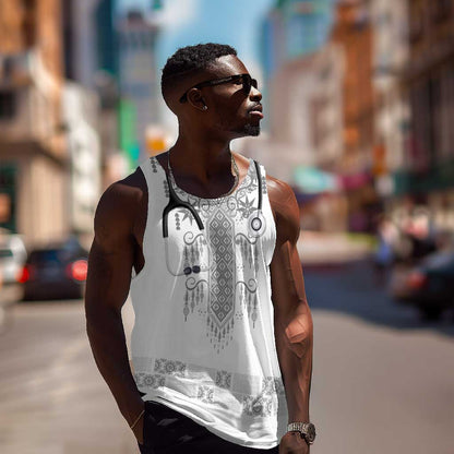 Proud Black Nurse RN Men Tank Top White African Pattern Stethoscope Dashiki Motif