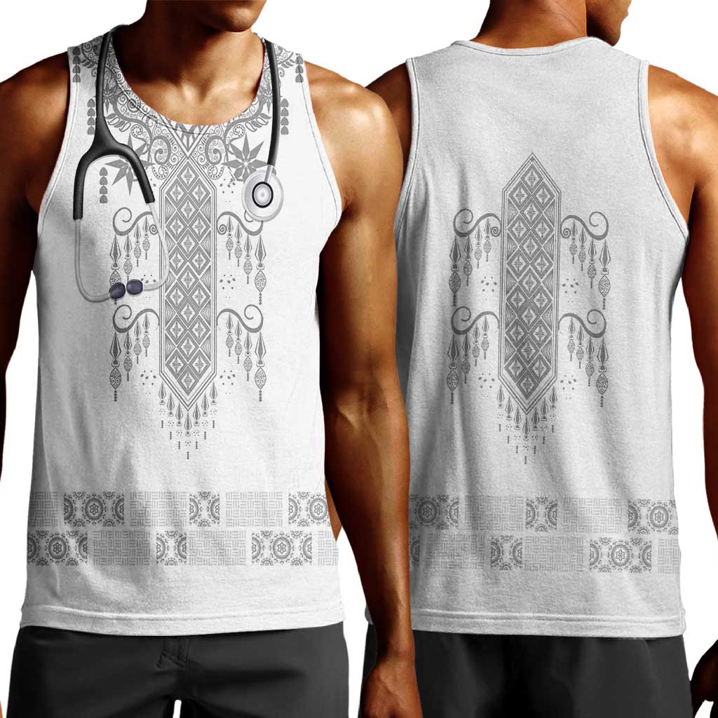 Proud Black Nurse RN Men Tank Top White African Pattern Stethoscope Dashiki Motif