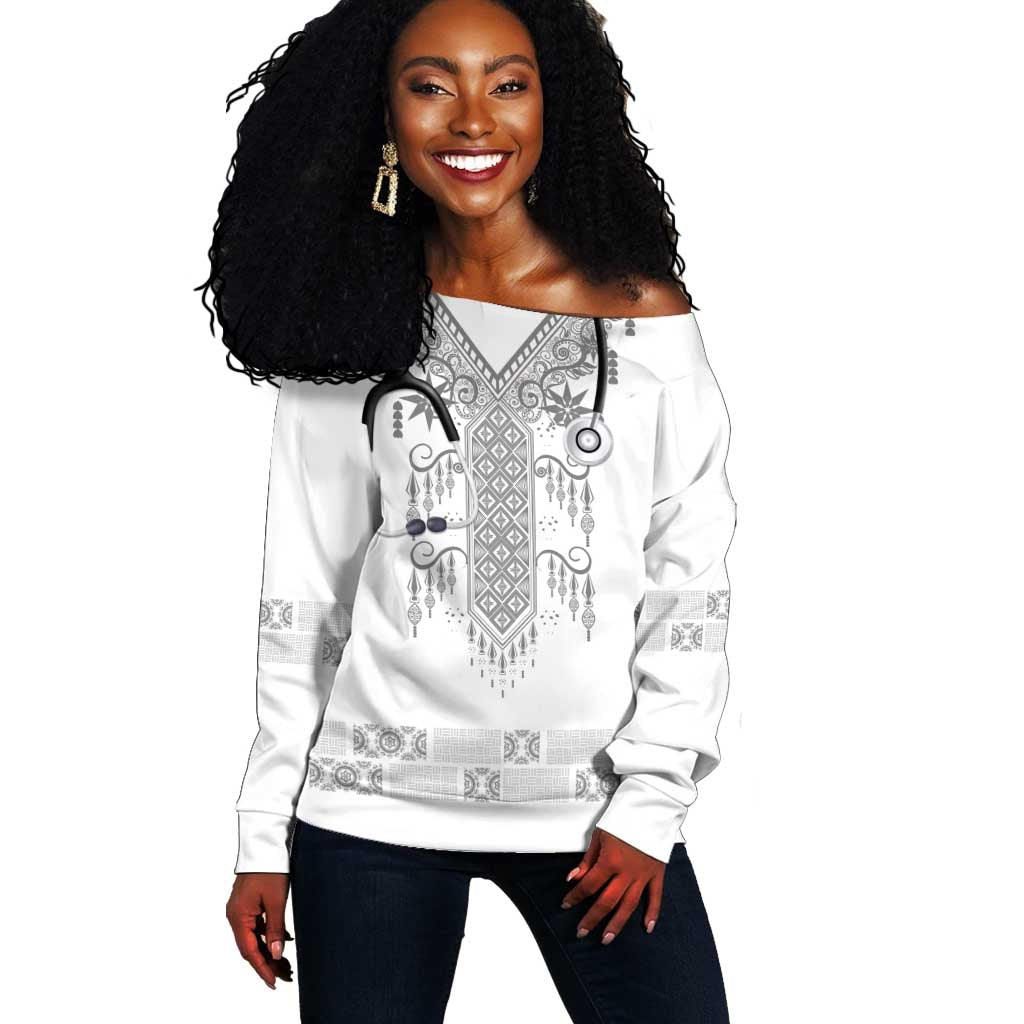Proud Black Nurse RN Off Shoulder Sweater White African Pattern Stethoscope Dashiki Motif