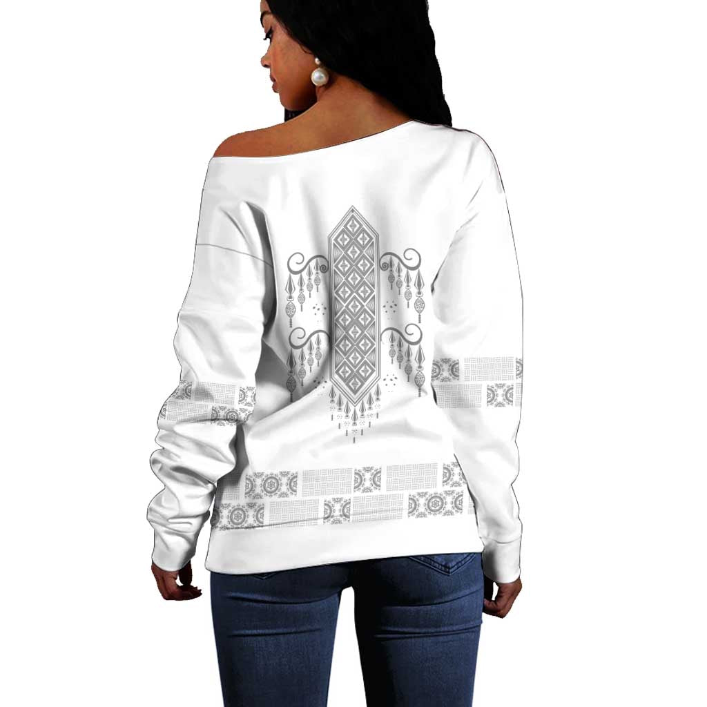 Proud Black Nurse RN Off Shoulder Sweater White African Pattern Stethoscope Dashiki Motif