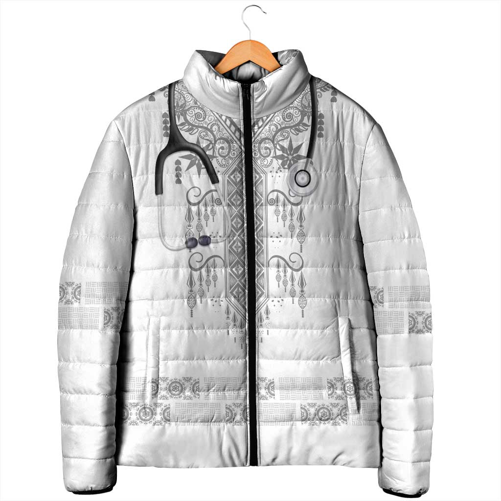 Proud Black Nurse RN Padded Jacket White African Pattern Stethoscope Dashiki Motif
