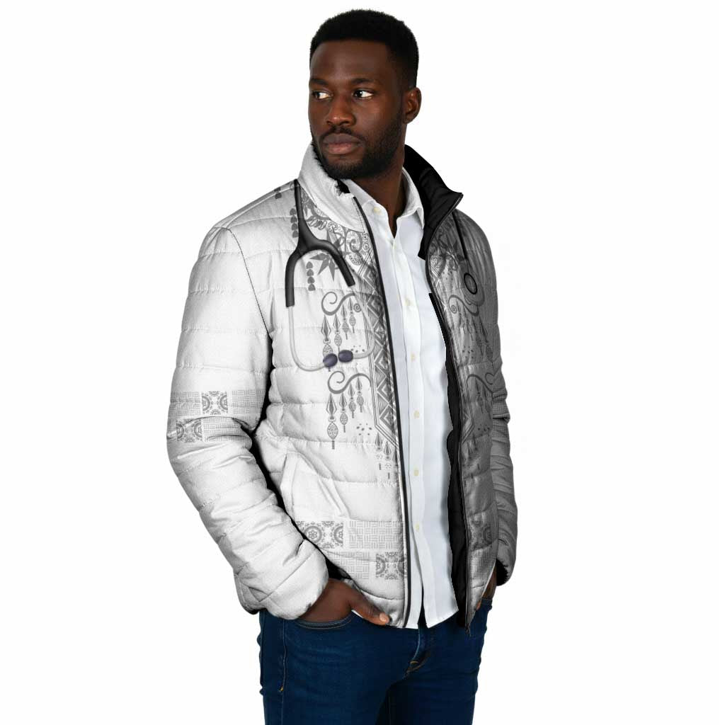 Proud Black Nurse RN Padded Jacket White African Pattern Stethoscope Dashiki Motif