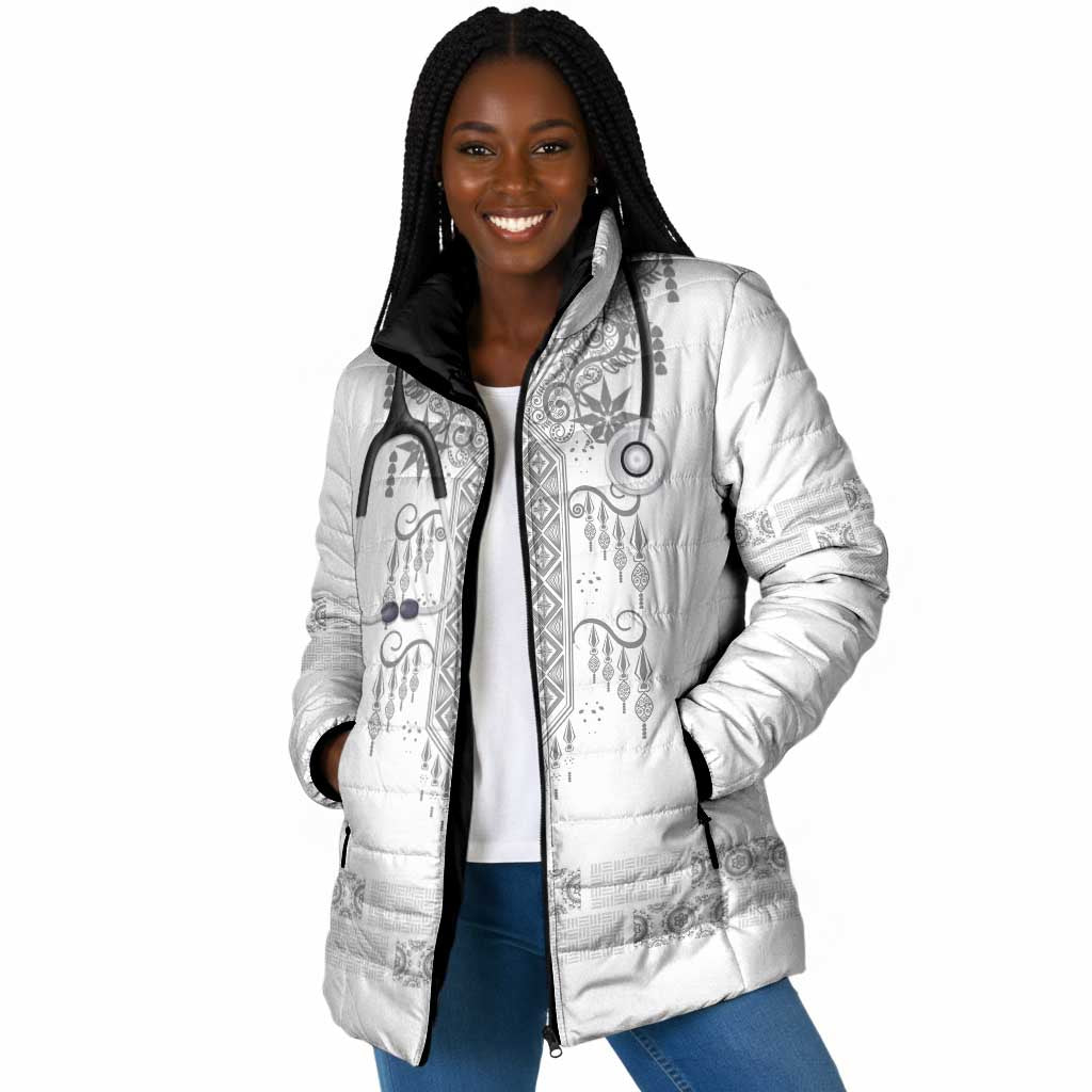 Proud Black Nurse RN Padded Jacket White African Pattern Stethoscope Dashiki Motif