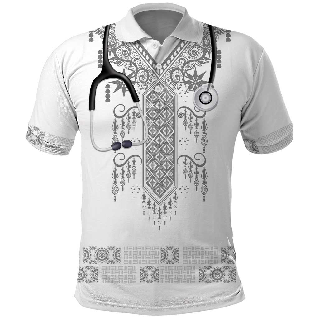 Proud Black Nurse RN Polo Shirt White African Pattern Stethoscope Dashiki Motif