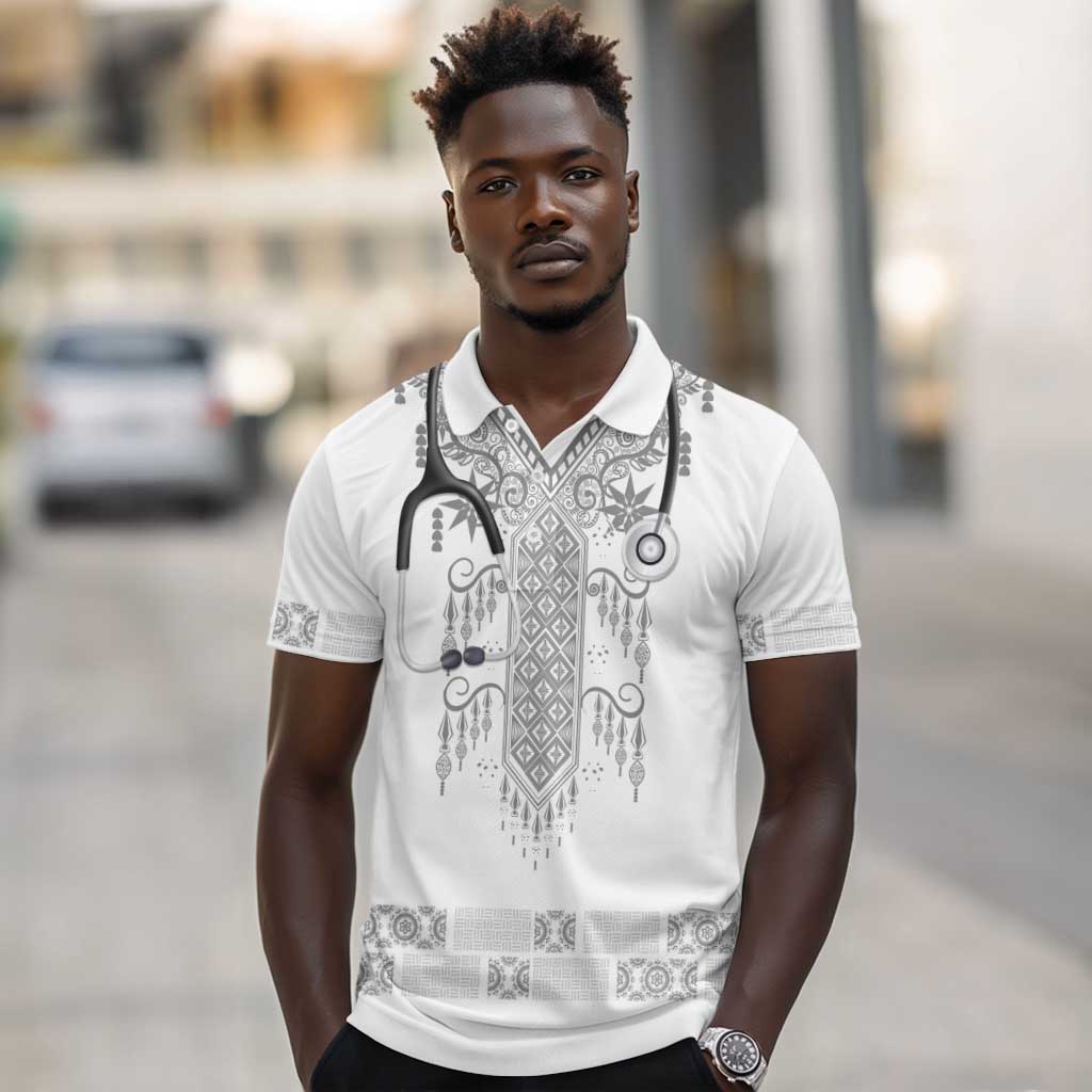 Proud Black Nurse RN Polo Shirt White African Pattern Stethoscope Dashiki Motif