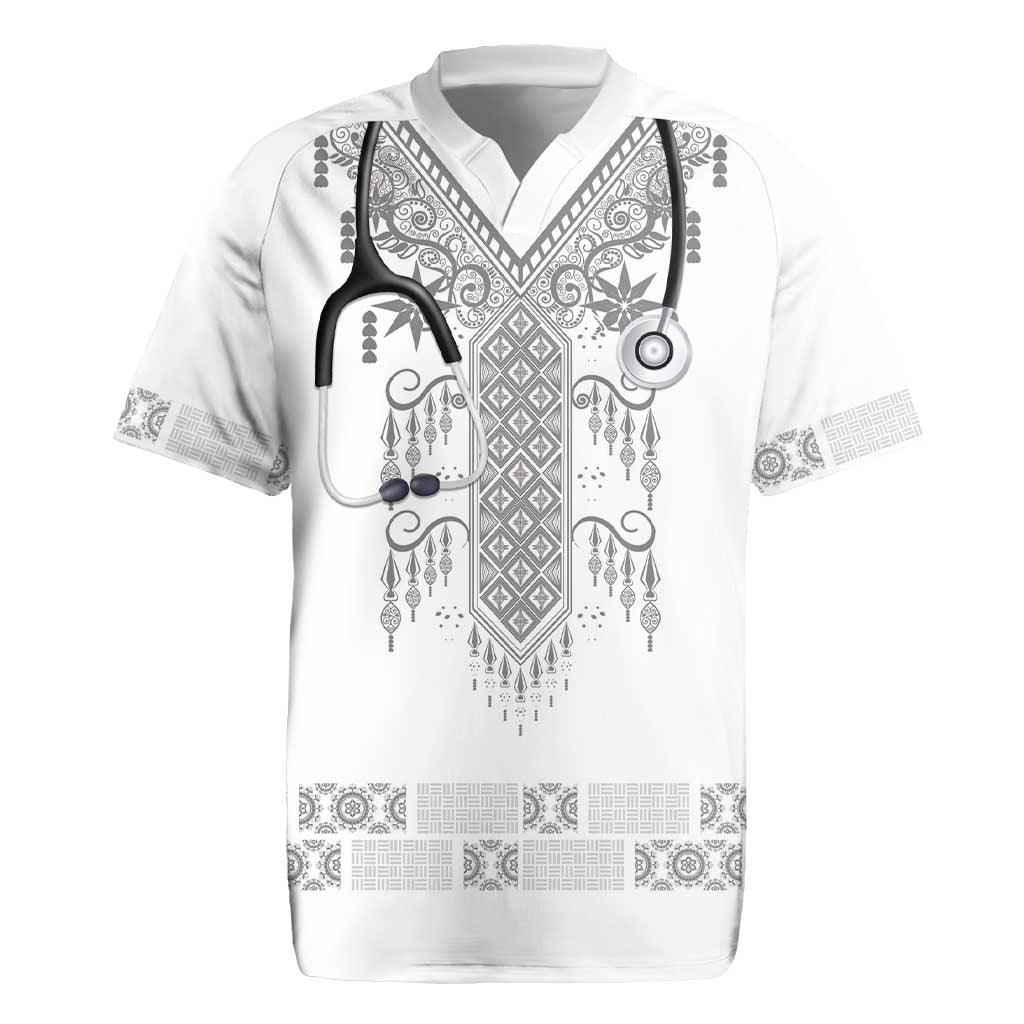 Proud Black Nurse RN Rugby Jersey White African Pattern Stethoscope Dashiki Motif