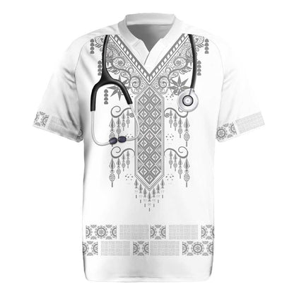 Proud Black Nurse RN Rugby Jersey White African Pattern Stethoscope Dashiki Motif