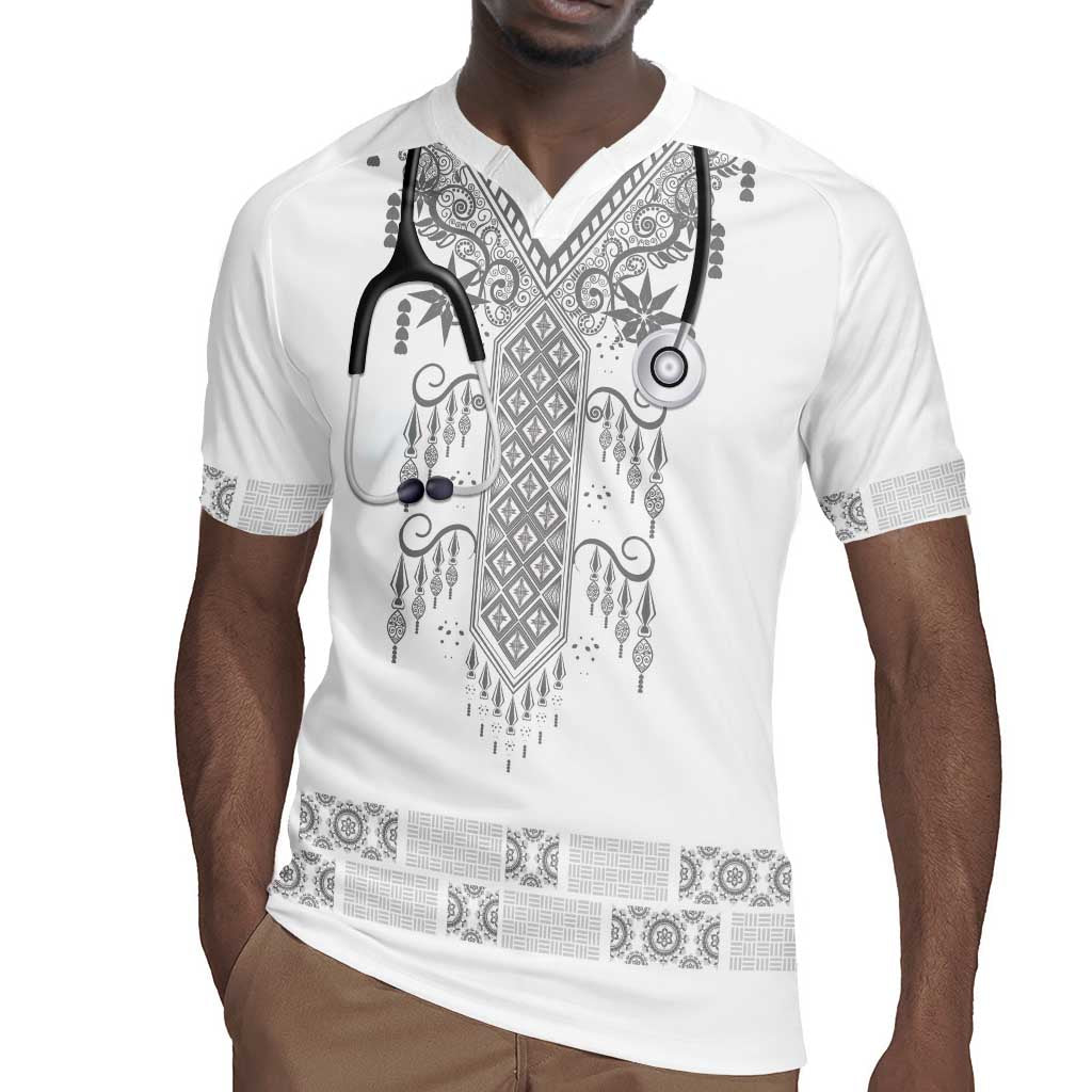 Proud Black Nurse RN Rugby Jersey White African Pattern Stethoscope Dashiki Motif