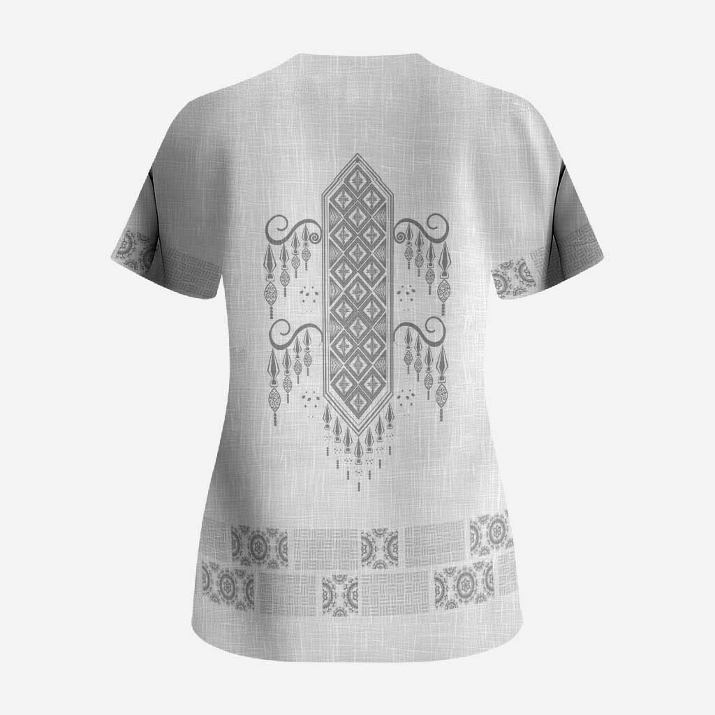 Proud Black Nurse RN Scrub Top White African Pattern Stethoscope Dashiki Motif