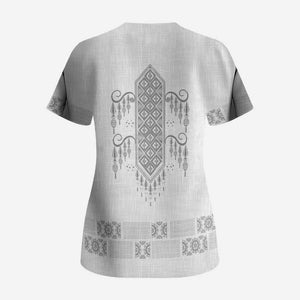 Proud Black Nurse RN Scrub Top White African Pattern Stethoscope Dashiki Motif