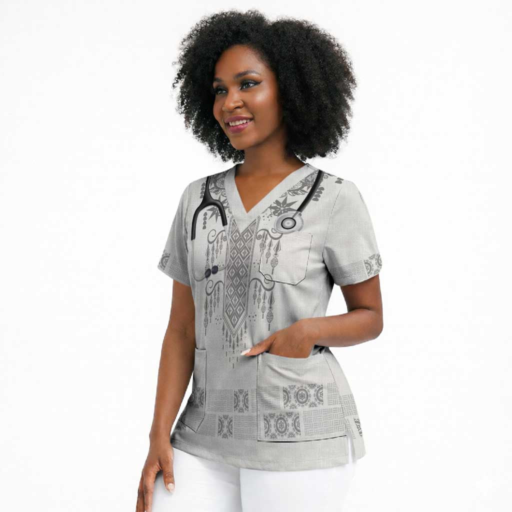 Proud Black Nurse RN Scrub Top White African Pattern Stethoscope Dashiki Motif