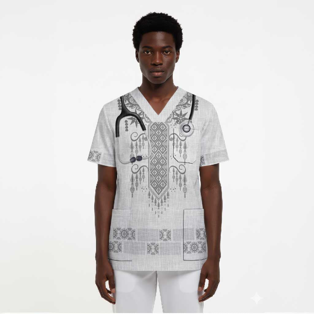 Proud Black Nurse RN Scrub Top White African Pattern Stethoscope Dashiki Motif
