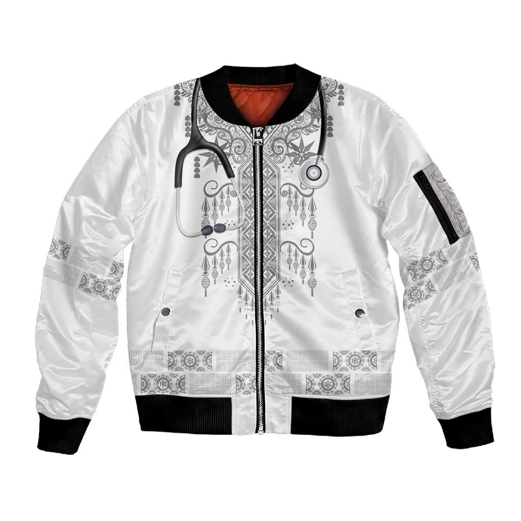 Proud Black Nurse RN Sleeve Zip Bomber Jacket White African Pattern Stethoscope Dashiki Motif