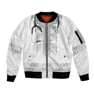 Proud Black Nurse RN Sleeve Zip Bomber Jacket White African Pattern Stethoscope Dashiki Motif
