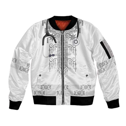 Proud Black Nurse RN Sleeve Zip Bomber Jacket White African Pattern Stethoscope Dashiki Motif