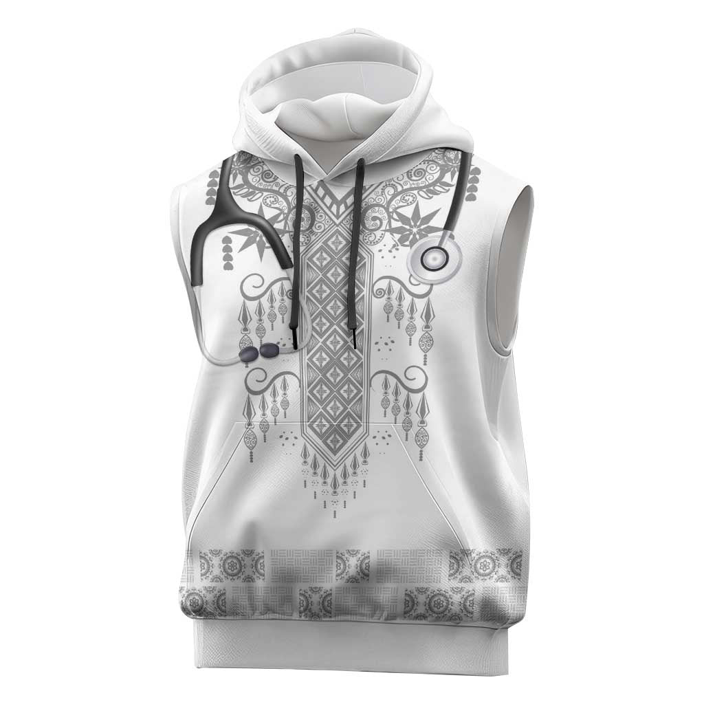 Proud Black Nurse RN Sleeveless Hoodie White African Pattern Stethoscope Dashiki Motif