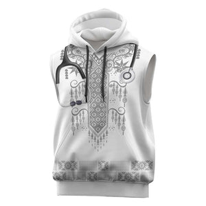 Proud Black Nurse RN Sleeveless Hoodie White African Pattern Stethoscope Dashiki Motif