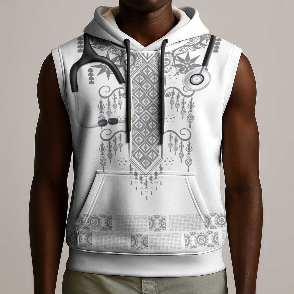 Proud Black Nurse RN Sleeveless Hoodie White African Pattern Stethoscope Dashiki Motif