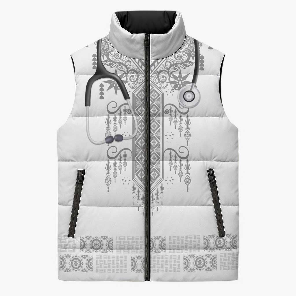 Proud Black Nurse RN Sleeveless Puffer Jacket White African Pattern Stethoscope Dashiki Motif