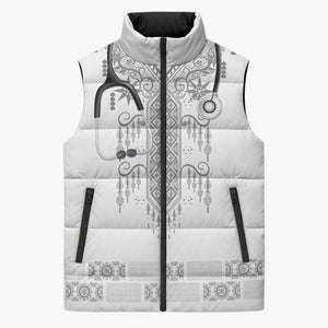 Proud Black Nurse RN Sleeveless Puffer Jacket White African Pattern Stethoscope Dashiki Motif