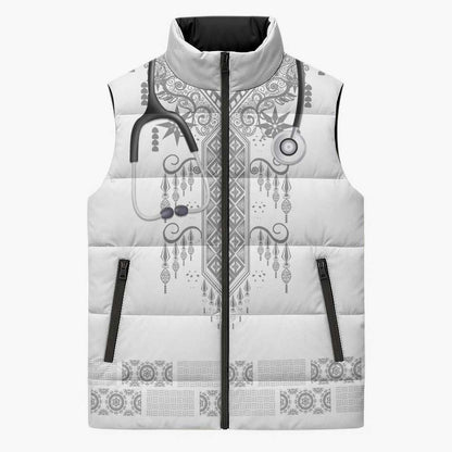 Proud Black Nurse RN Sleeveless Puffer Jacket White African Pattern Stethoscope Dashiki Motif