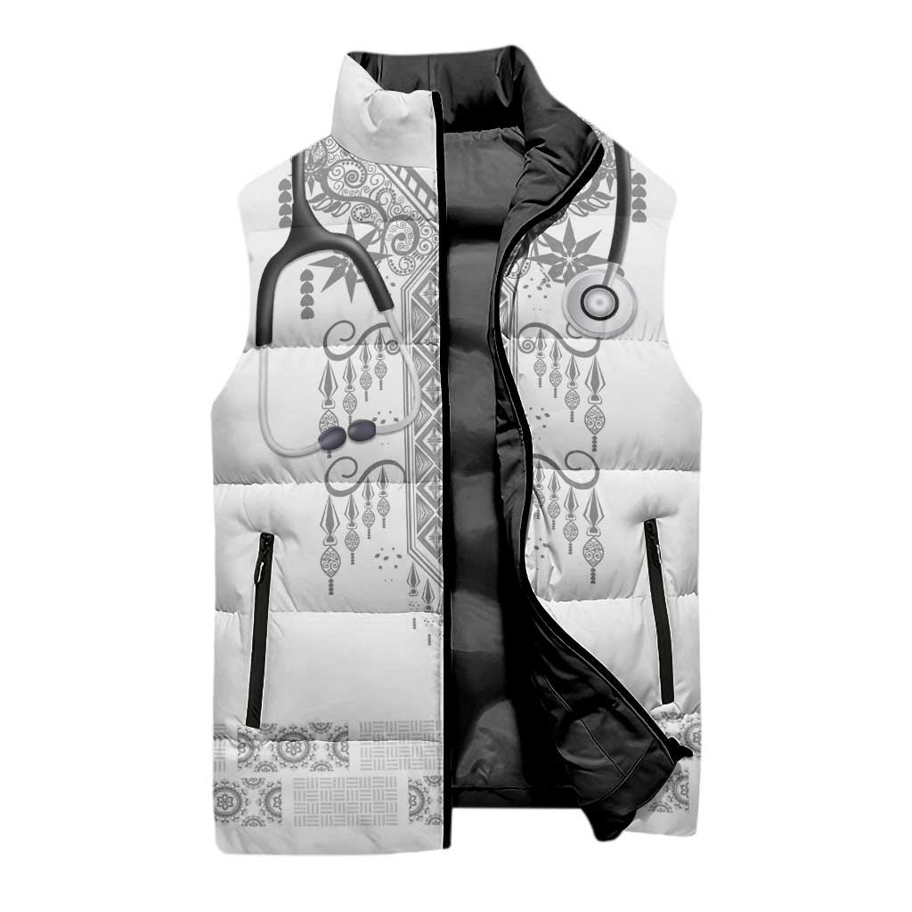 Proud Black Nurse RN Sleeveless Puffer Jacket White African Pattern Stethoscope Dashiki Motif