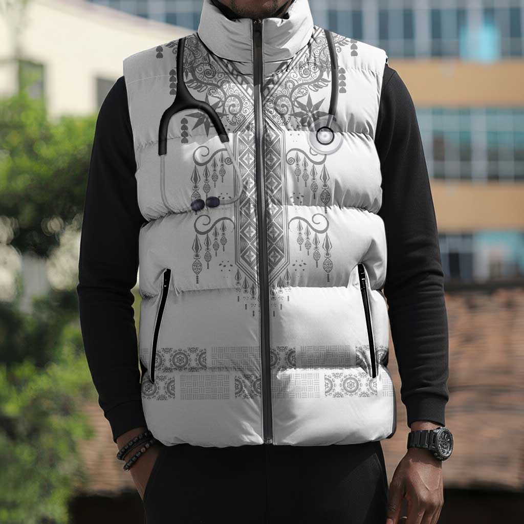 Proud Black Nurse RN Sleeveless Puffer Jacket White African Pattern Stethoscope Dashiki Motif
