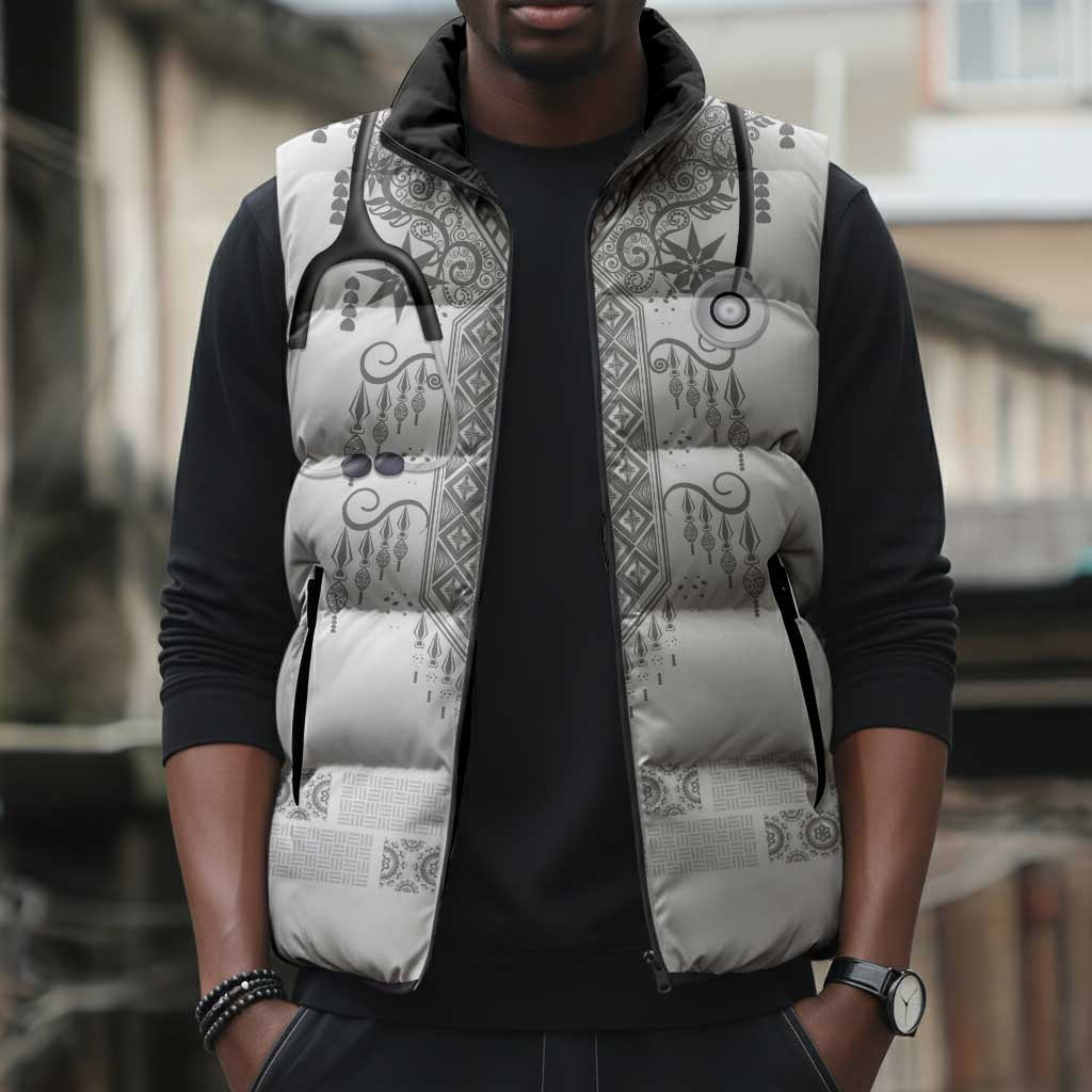 Proud Black Nurse RN Sleeveless Puffer Jacket White African Pattern Stethoscope Dashiki Motif