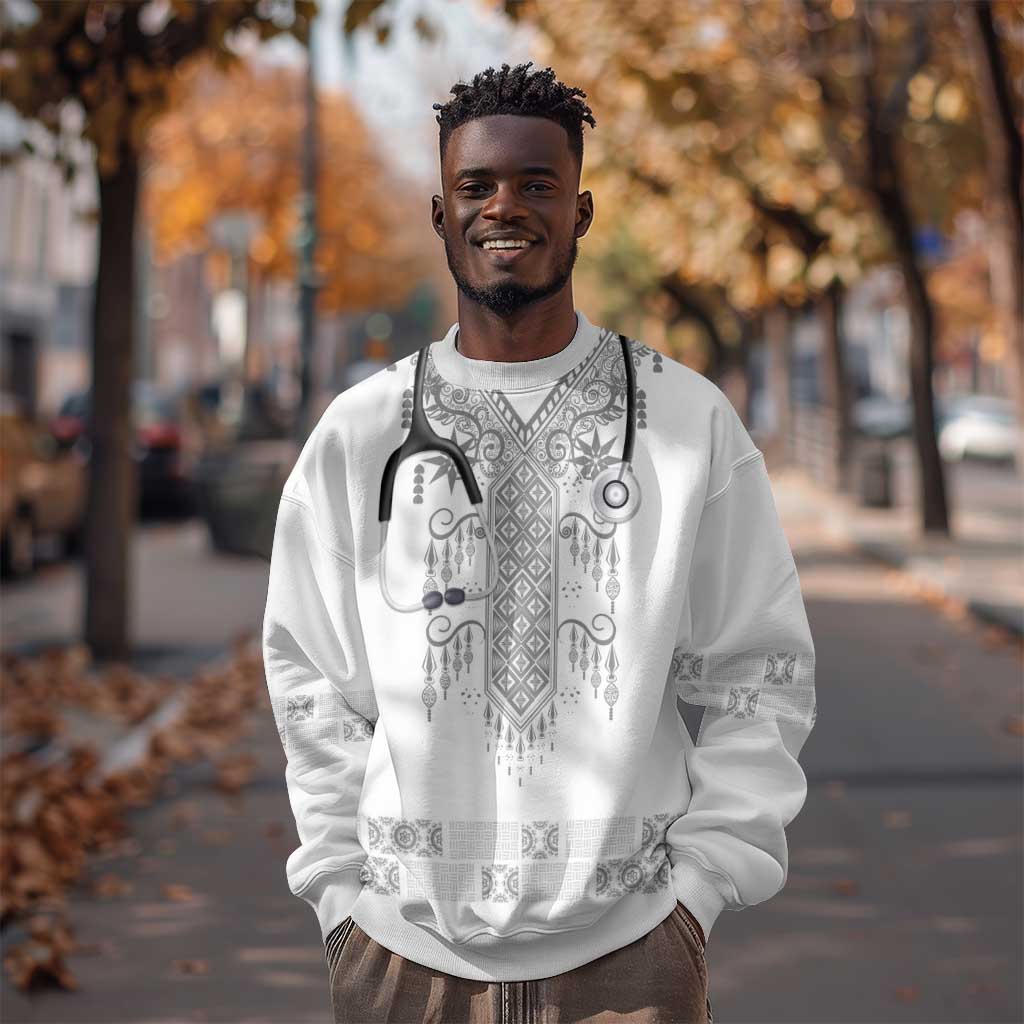 Proud Black Nurse RN Sweatshirt White African Pattern Stethoscope Dashiki Motif