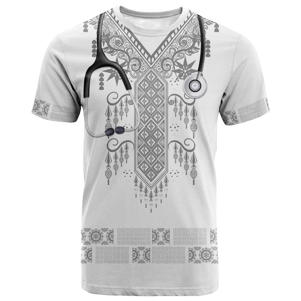 Proud Black Nurse RN T shirt White African Pattern Stethoscope Dashiki Motif