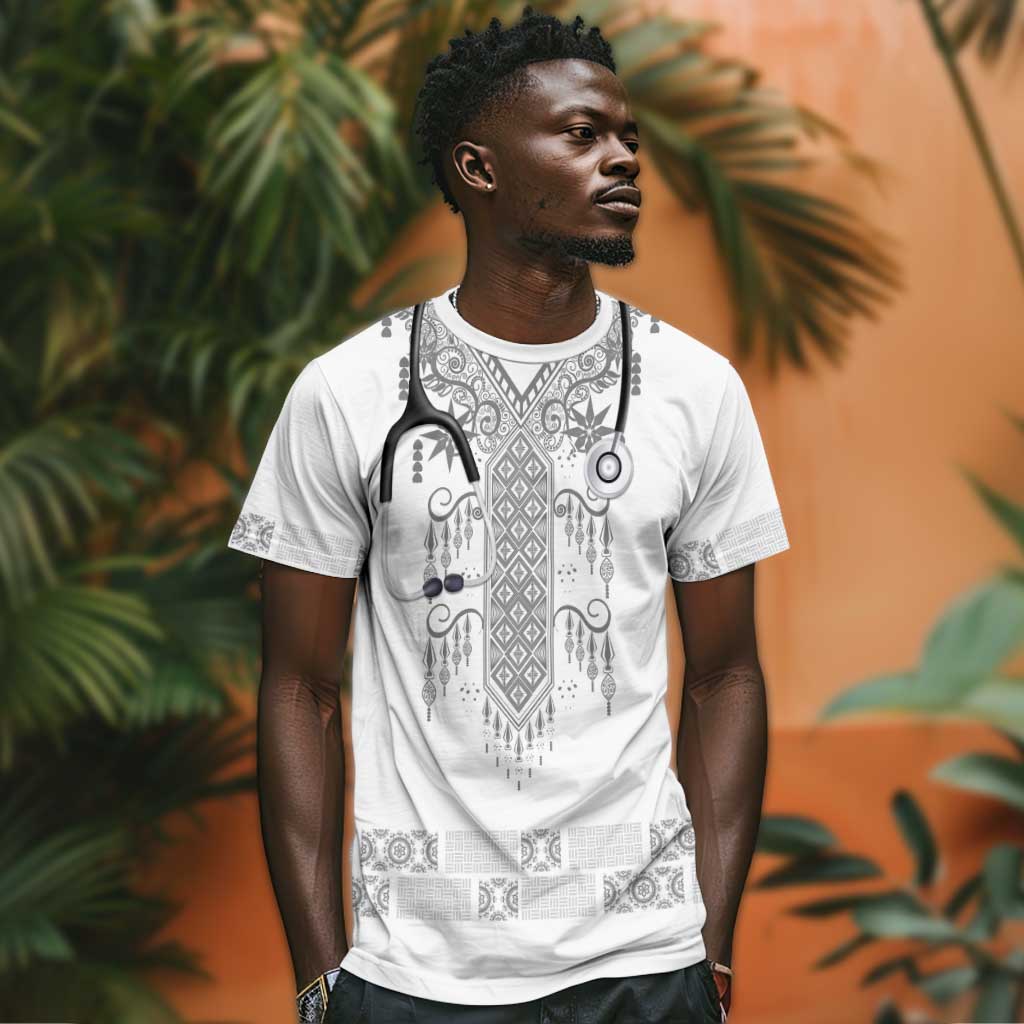 Proud Black Nurse RN T shirt White African Pattern Stethoscope Dashiki Motif
