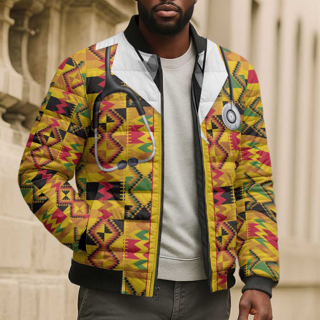 Proud Black Nurse RN Bomber Puffer Jacket African Stethoscope Kente Pattern