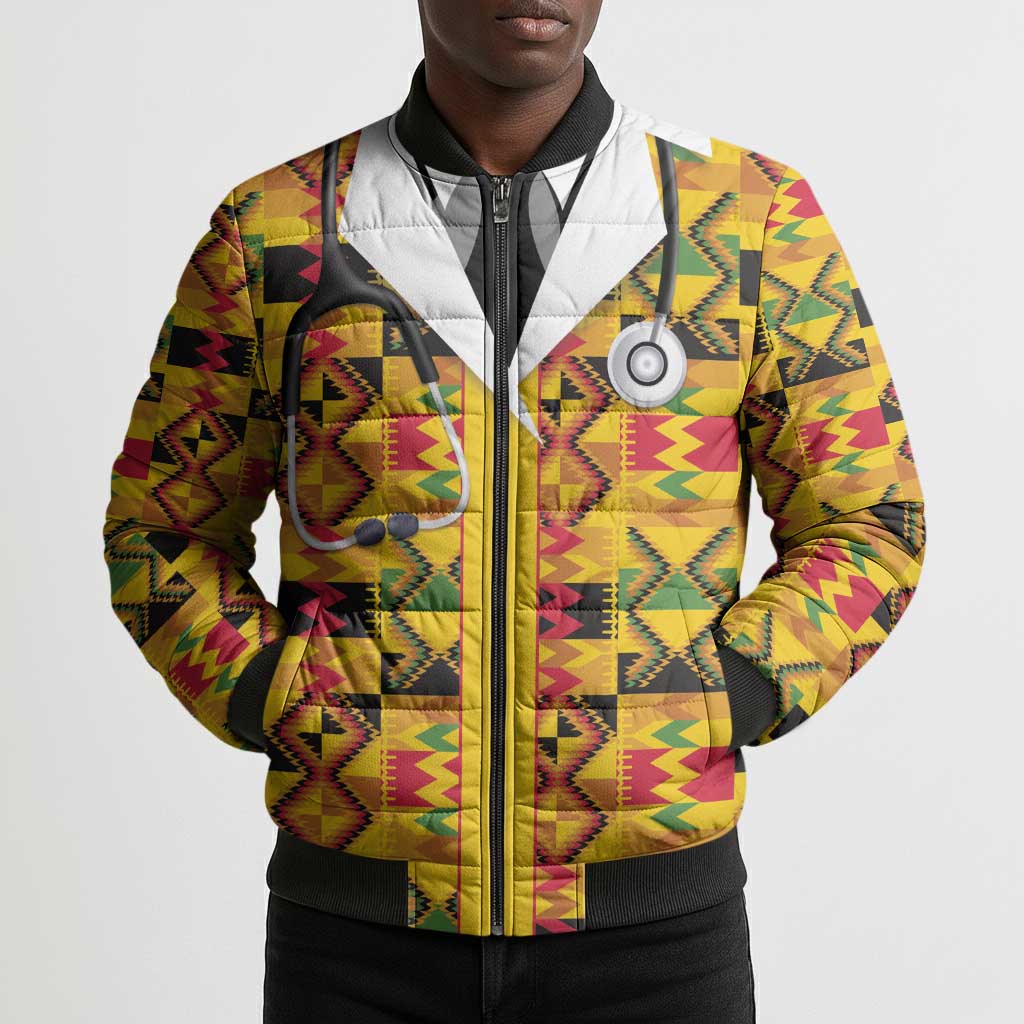 Proud Black Nurse RN Bomber Puffer Jacket African Stethoscope Kente Pattern