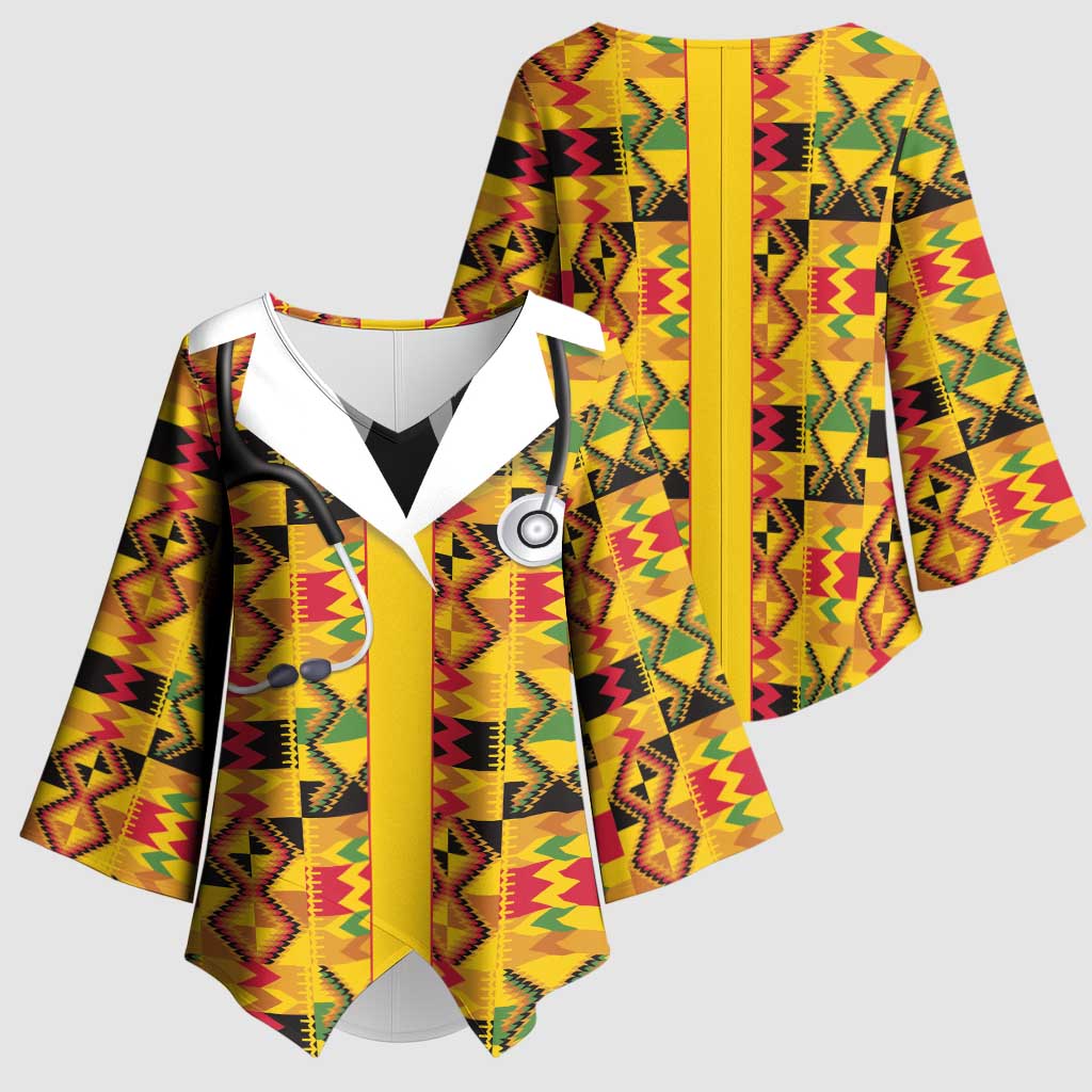 Proud Black Nurse RN Kimono Sleeve Blouse African Stethoscope Kente Pattern
