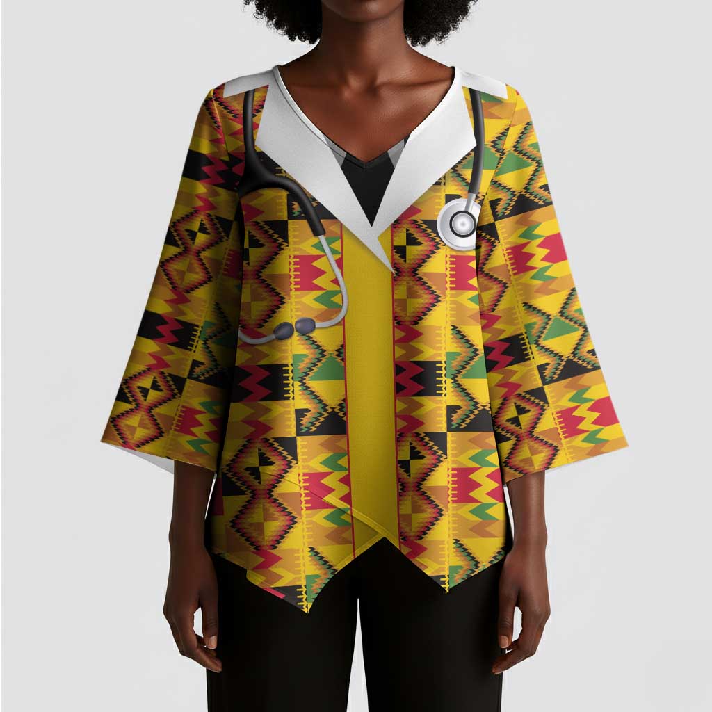 Proud Black Nurse RN Kimono Sleeve Blouse African Stethoscope Kente Pattern
