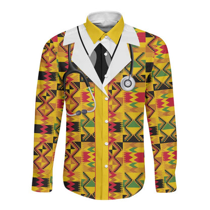 Proud Black Nurse RN Long Sleeve Button Shirt African Stethoscope Kente Pattern