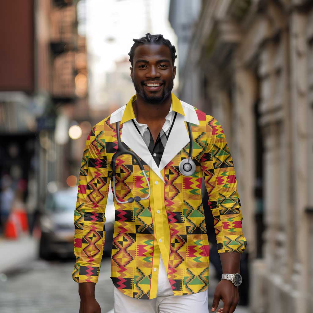Proud Black Nurse RN Long Sleeve Button Shirt African Stethoscope Kente Pattern