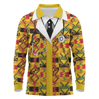 Proud Black Nurse RN Long Sleeve Polo Shirt African Stethoscope Kente Pattern