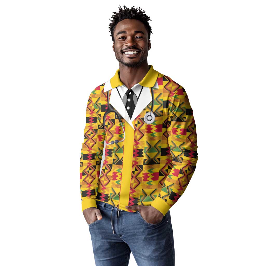 Proud Black Nurse RN Long Sleeve Polo Shirt African Stethoscope Kente Pattern