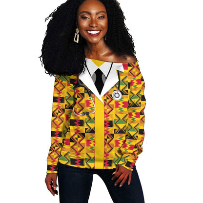 Proud Black Nurse RN Off Shoulder Sweater African Stethoscope Kente Pattern