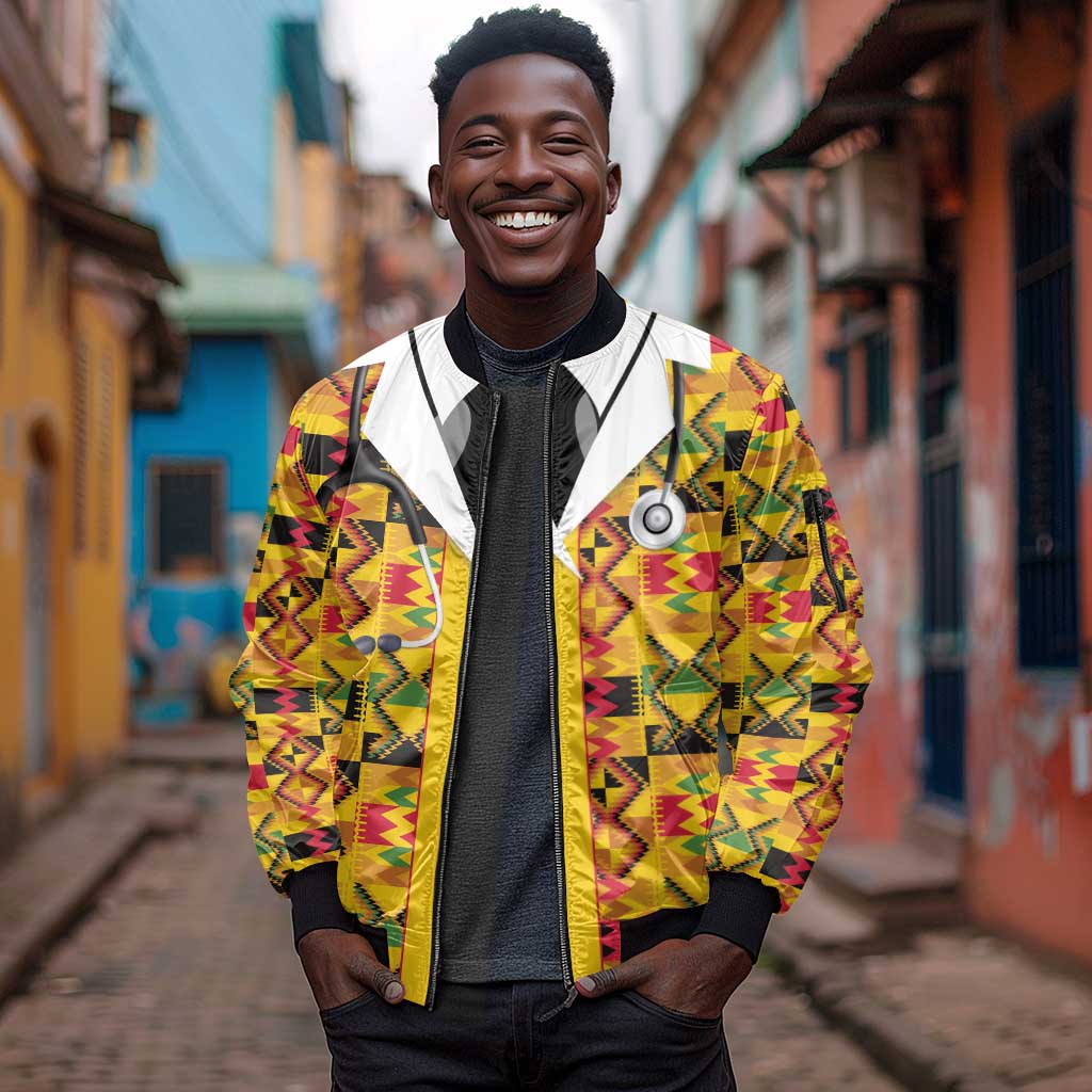 Proud Black Nurse RN Sleeve Zip Bomber Jacket African Stethoscope Kente Pattern