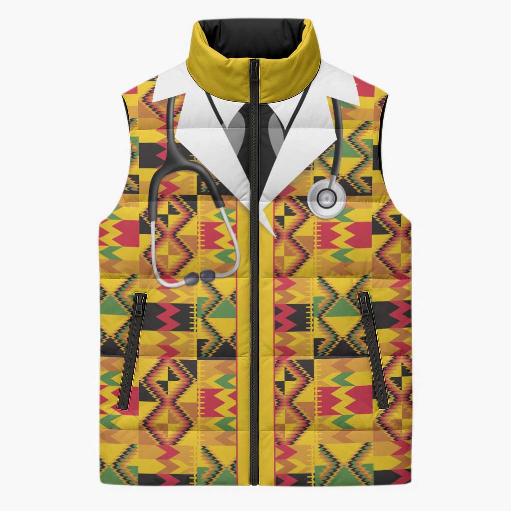 Proud Black Nurse RN Sleeveless Puffer Jacket African Stethoscope Kente Pattern