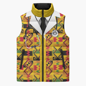 Proud Black Nurse RN Sleeveless Puffer Jacket African Stethoscope Kente Pattern