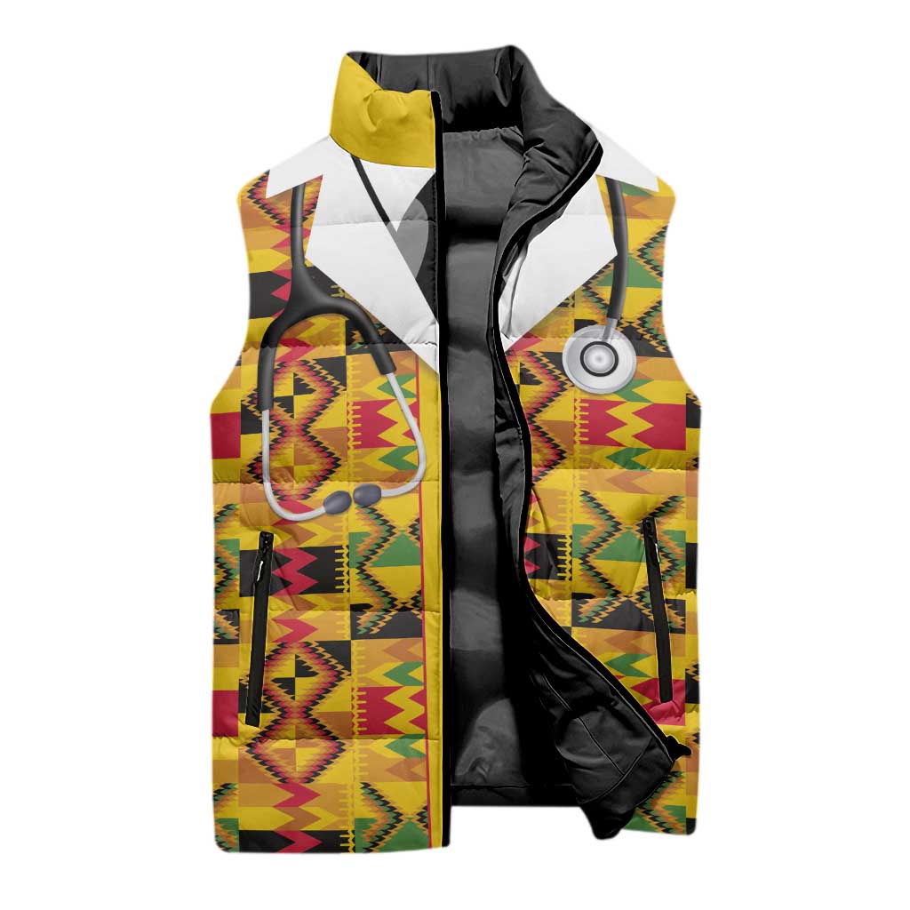 Proud Black Nurse RN Sleeveless Puffer Jacket African Stethoscope Kente Pattern