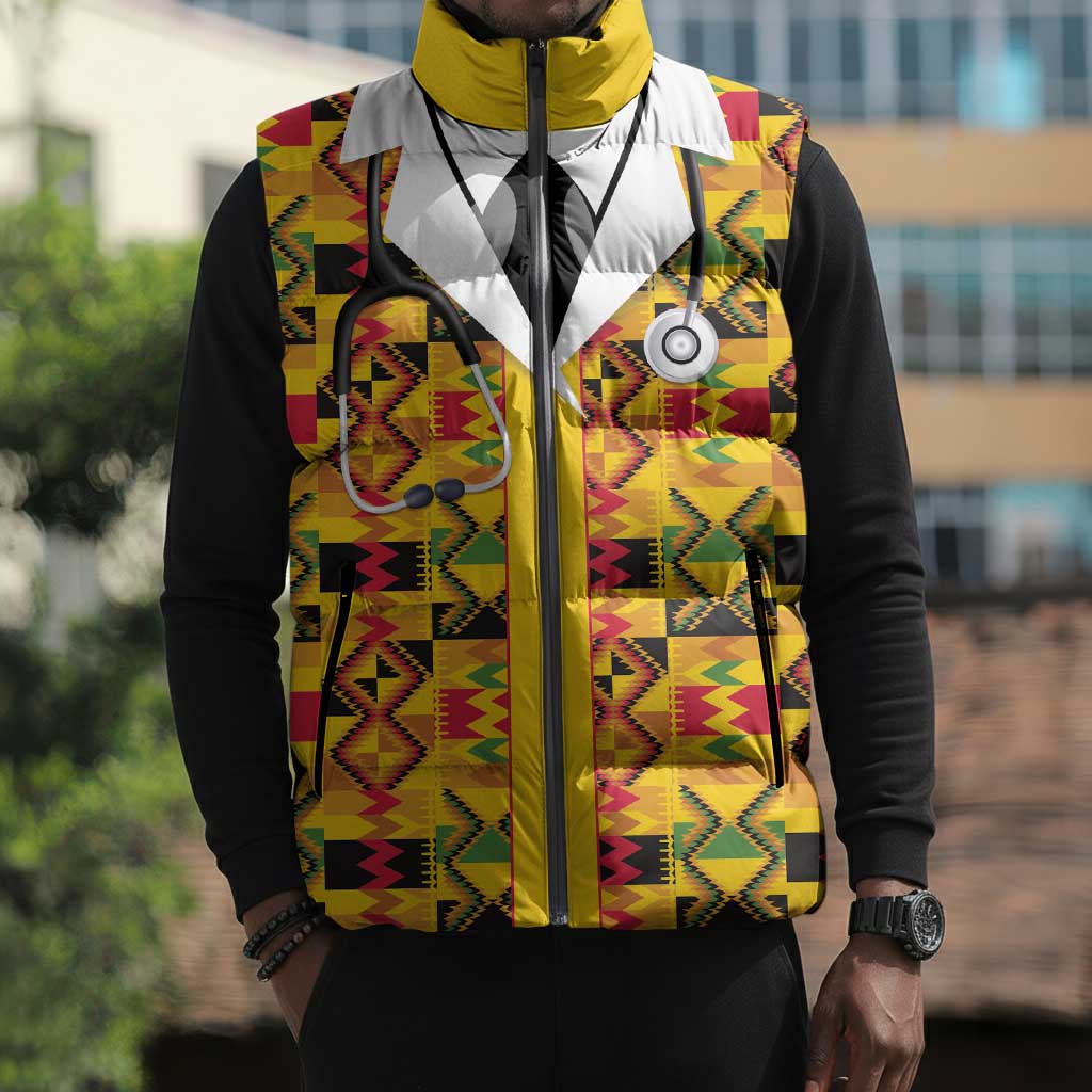 Proud Black Nurse RN Sleeveless Puffer Jacket African Stethoscope Kente Pattern