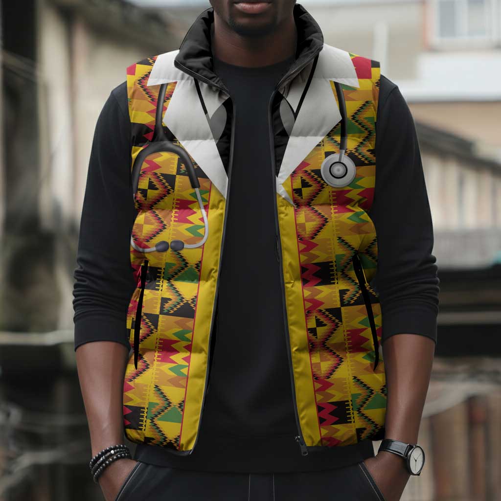 Proud Black Nurse RN Sleeveless Puffer Jacket African Stethoscope Kente Pattern
